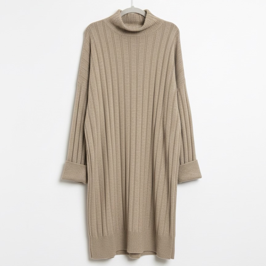 Topshop Boxy Ribbed Funnel Neck Long Sleeve Dress In Neutral
